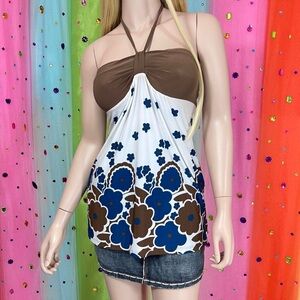 Y2K Brown, White & Blue Floral Boho Halter Neck Long Style Top